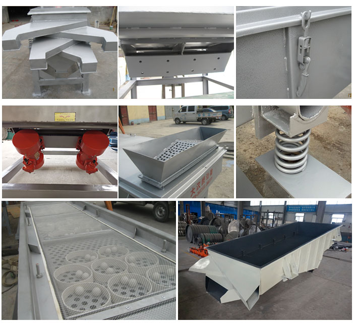 多層直線振動篩由進料口,底座,振動電機,篩網(wǎng),篩框,彈簧,出料口等組成。