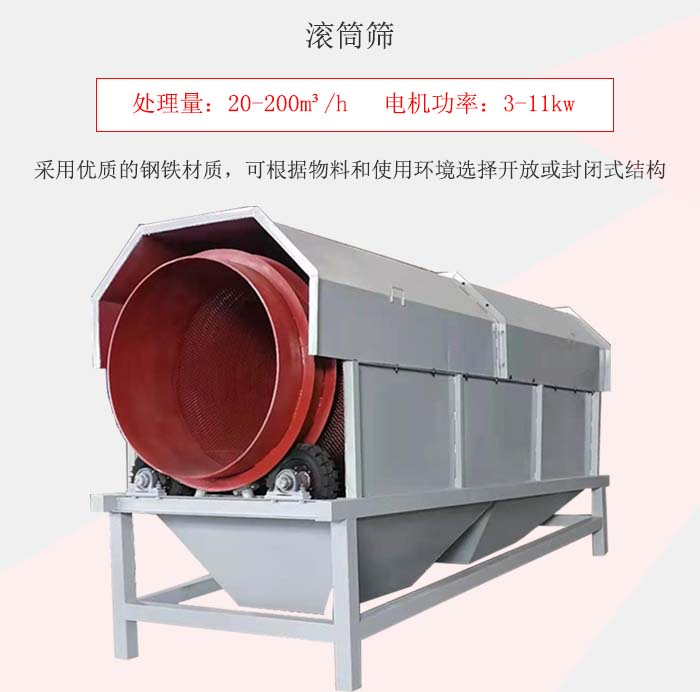 滾筒篩采用優(yōu)質的鋼鐵材質，可根據(jù)物料和使用環(huán)境選擇開放或封閉式結構