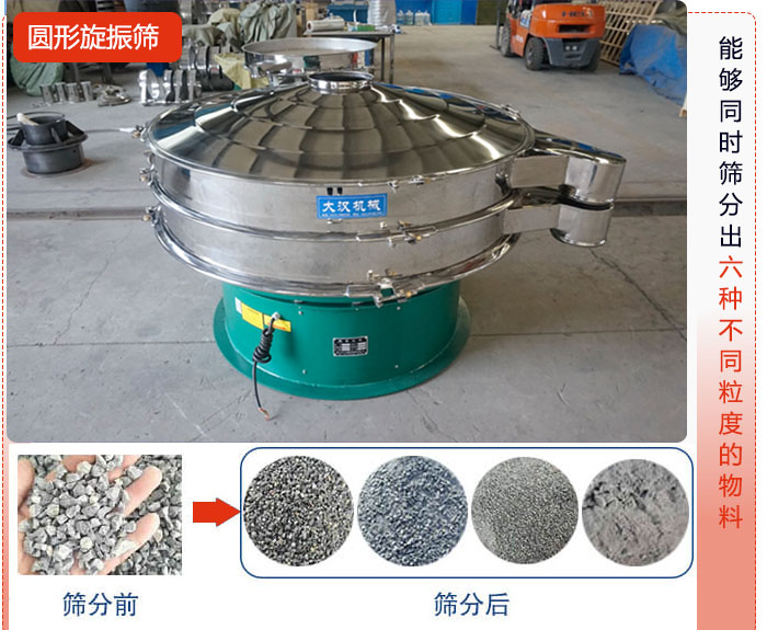圓形旋振篩能夠同時篩出6種不同顆粒的物料。