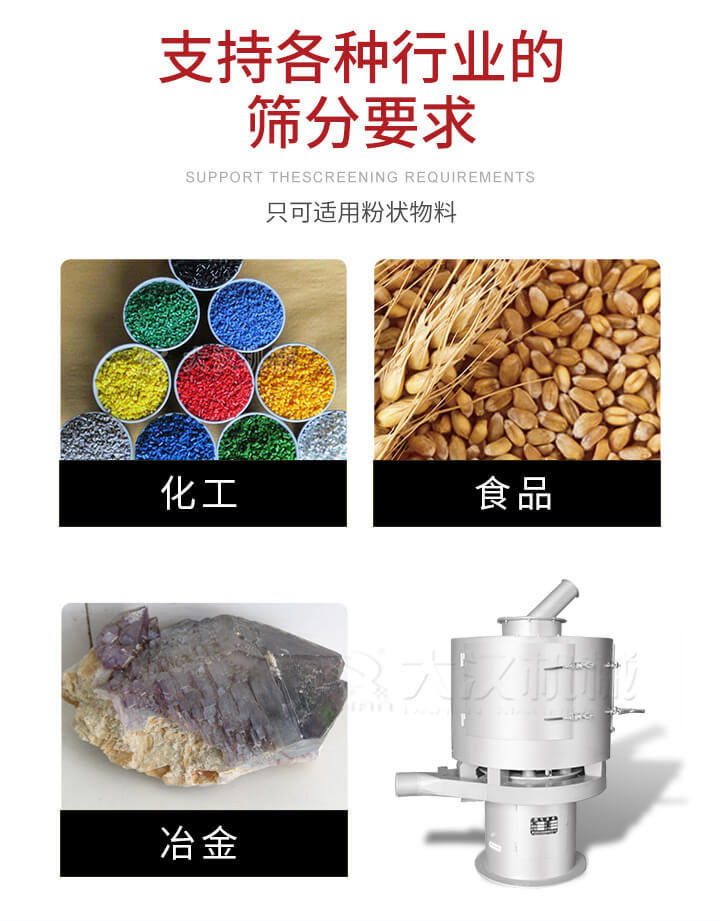 氣流篩用于礦粉，石墨粉，活性納米碳酸鈣，鋁灰，大豆粉，碳酸重鈣，石墨粉，木粉，干草，重金石粉，藥粉末，橡膠顆粒，草酸鹽，干料粉，木粉，聚酯粉，干粉，塑料，金屬粉末，橡膠粉，粉煤灰，石墨粉，陶瓷粉，鋅粉，石英粉，石灰粉，鐵粉，金屬硅粉等。