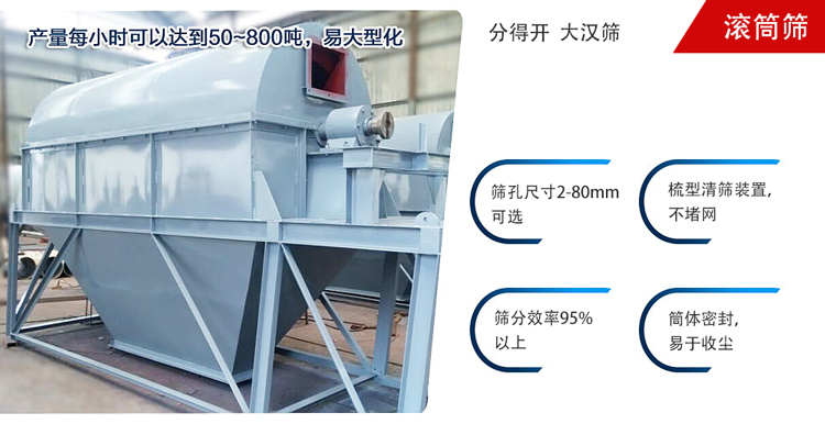 滾筒篩分開放式,封閉式兩種選擇無塵篩分。無軸滾筒：適用生活垃圾等一些有一定纏繞性物料;有軸滾筒：適用石料，砂土等含水量較少的物料