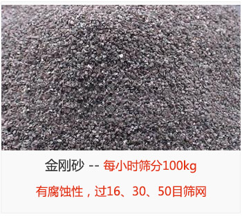 篩分金剛砂每小時(shí)100kg，有腐蝕性，過(guò)16、30、50目篩網(wǎng)