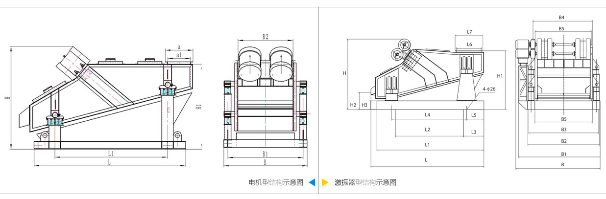 礦用振動篩電機振動式和激振器振動式的內(nèi)部結(jié)構(gòu)尺寸圖。