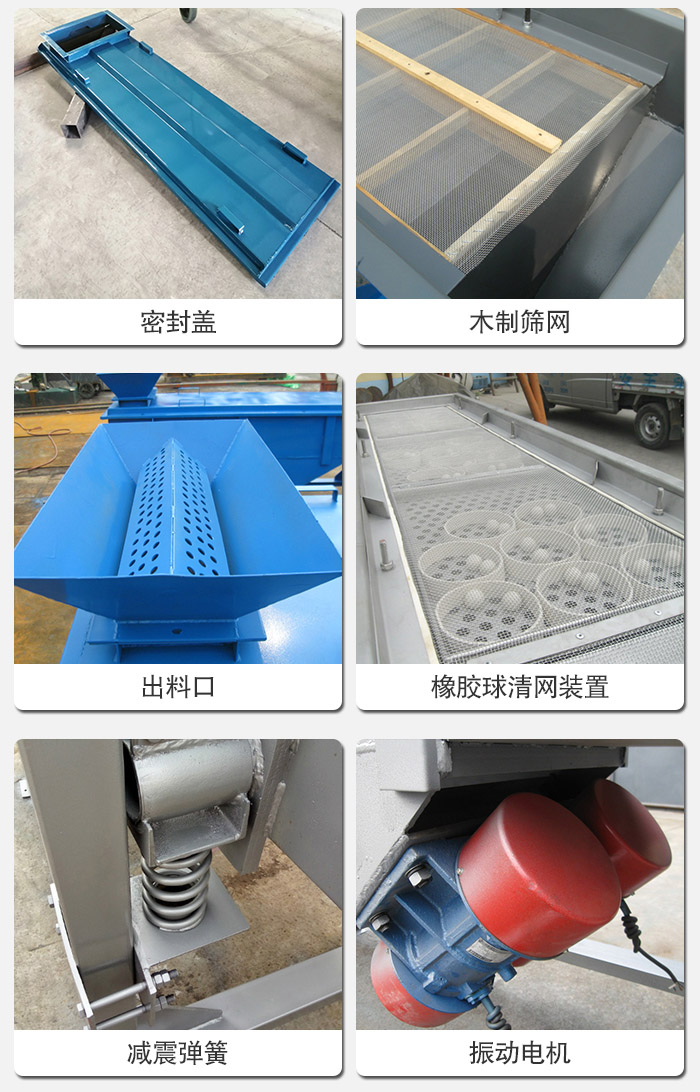 直線(xiàn)篩分機(jī)的結(jié)構(gòu)展示圖：篩箱是物料主要篩分設(shè)備之一，篩網(wǎng)用于篩分物料，振動(dòng)電機(jī)幫助篩網(wǎng)篩分。