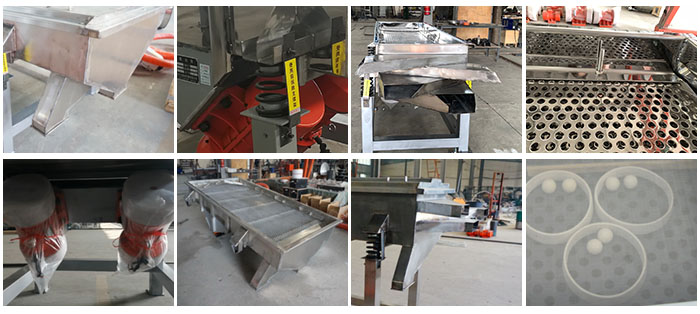 不銹鋼直線篩不同定制出料口，電機，篩網(wǎng)，篩箱，彈跳球等部件細節(jié)展示