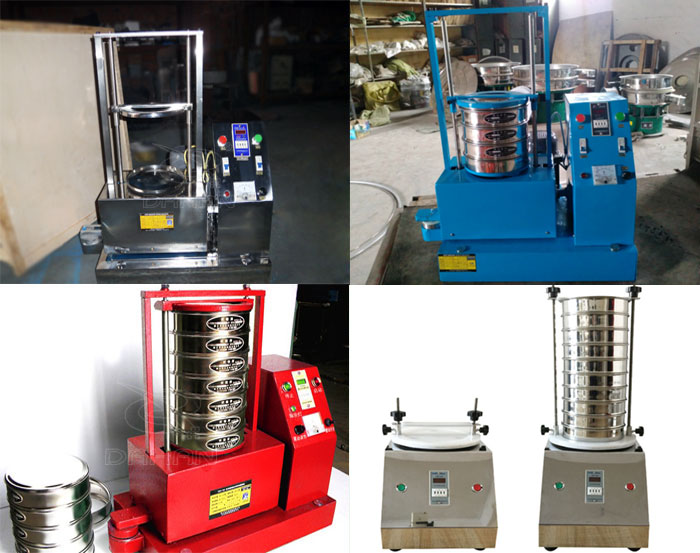 三種不同類型的試驗(yàn)篩，區(qū)別控制臺(tái)在下部或在右側(cè)。材質(zhì)為不銹鋼和碳鋼兩種，碳鋼材質(zhì)做了噴漆有：紅色和藍(lán)色兩種。