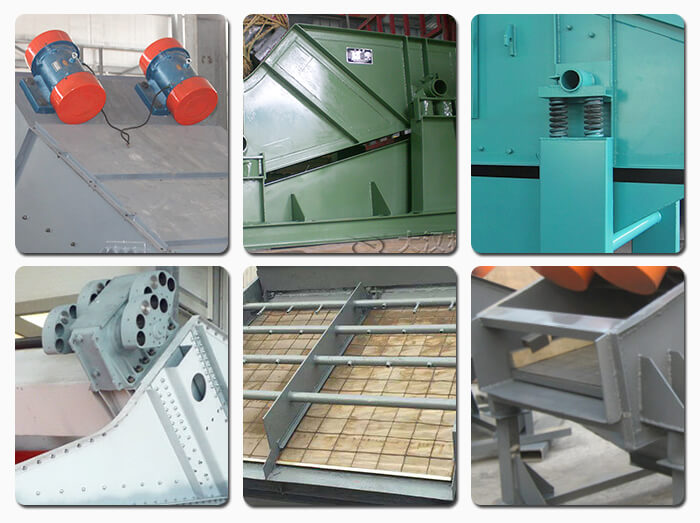 礦用振動(dòng)篩主要由激振器、篩體、篩網(wǎng)、減振裝置及座架等組成。篩箱由篩框、篩板、襯板等組成