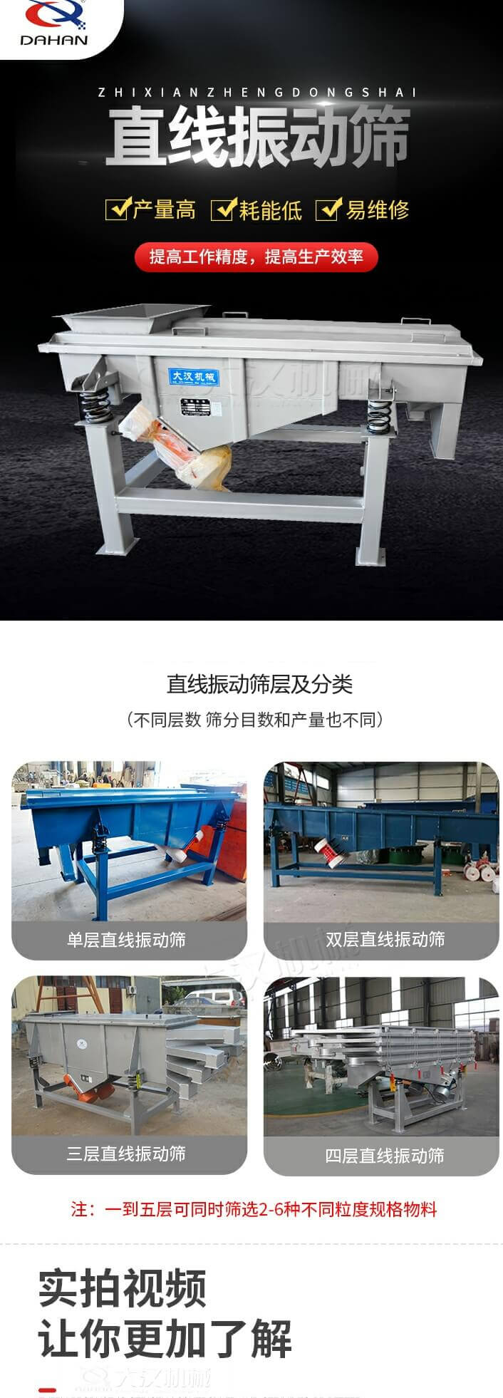 直線振動篩概述，產(chǎn)量高，耗能低，易維修，提高工作精度，提高生產(chǎn)效率，直線振動篩層級分類：不同層數(shù)，篩分目數(shù)和產(chǎn)量也不同：單層，雙層，三層，四層等。