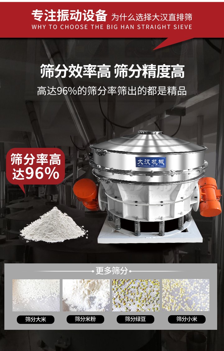 直排篩適用物料有面粉，淀粉，洗衣粉，金屬粉，添加劑，化工，非礦等行業(yè)。