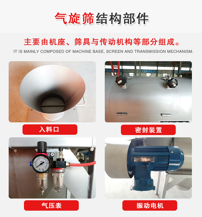 氣旋篩結(jié)構(gòu)：入料口，密封裝置，電機(jī)，氣壓表等